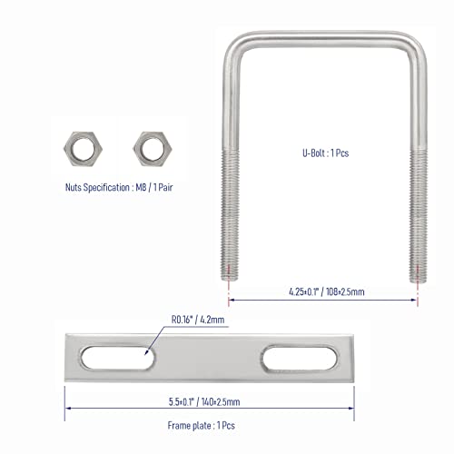Image of 304 Stainless Steel Square U-Bolts 3.94 inch(100mm) Inner Width, 3.94 inch(100mm) Length Stainless M8 with Nuts, Frame Plate, Accessories for Automobiles Trailer, Boat Trailer Industrial Parts