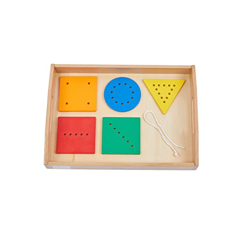 Image of Adena Montessori Toys Threading Game Colorful Lacing Wooden Shapes with Tray for 1 2 3 Years Old Baby