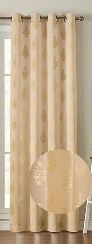 Image of Premium Velvet Long Door Curtains 9 Feet Long, Golden Foil Matka Design Room Darkening Curtains, Thermal Insulated Parda 4 Feet X 9 Feet (48 inch X 108 Inch) - 1 Pcs Cream Colour