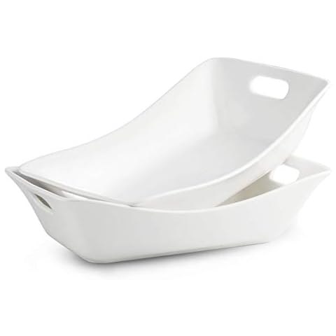 1.5 Quarts Serving Bowl with Handles Set Rectangle Serving Platter Porcelain Bowl Set, 2 Pack White Cover