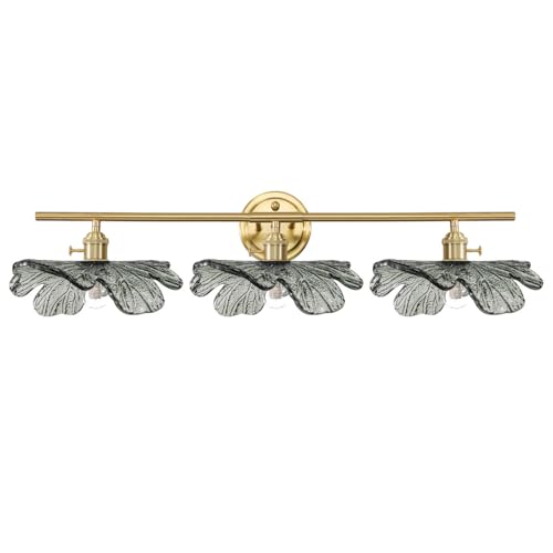 Image of 3 Light Bathroom Vanity Light Vintage Wall Sconce Gold Vanity lighting fixtures Over Mirror mid Century Modern Wall lamp with Dark Green Glass Shade Indoor Wall Light for Bedroom Hallway Living Room