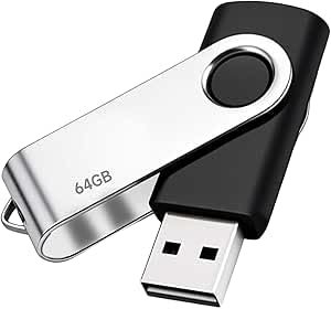 Image of USB 64GB Memory Stick USB 2.0 Flash Drive – Black Metal Swivel Pen Drive with Lanyard Hole – Portable Data Storage for PC, Laptop and Car Audio