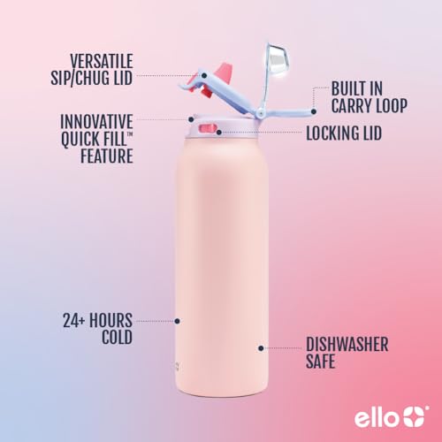 Image of Ello Pop & Fill Insulated Stainless Steel Water Bottle with Quick Fill Lid, Leakproof Locking, Sip or Chug Spout, BPA-Free, Double Wall Vacuum Insulated for Sports, Travel & School- 22oz / 32oz / 40oz