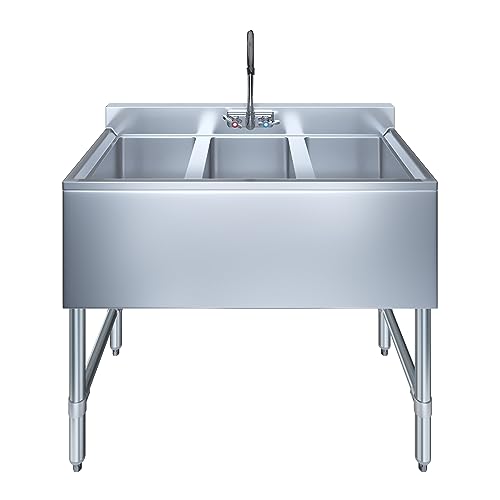 Image of AmGood 3 Compartment Under Bar Sink With Faucet - 38 inch X 18 3 /4 inch. NSF. Commercial Three Bowl Under Bar Sink