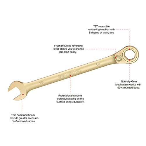 STARWORK 6-Point Metric 15° Offset GPlating™ Reversible Non-Slip Long Pattern Ratcheting Combination Wrench 18mm - Image 2