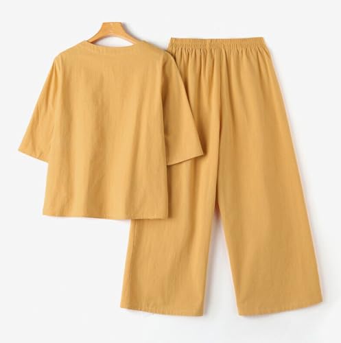 Women Crew Neck Cotton Linen 2 Piece Outfits 3/4 Sleeve Top High Waist Wide Leg Pants Suits Casual Loose Matching Sets2