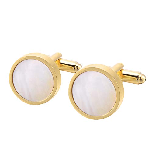 Jonwo One Pair 14K Gold Plated Mother of Pearl Women Men's Cufflinks in Gift Box Round Cuff Links for Business Wedding Anniversary Party (14K Gold Plated Cufflinks)