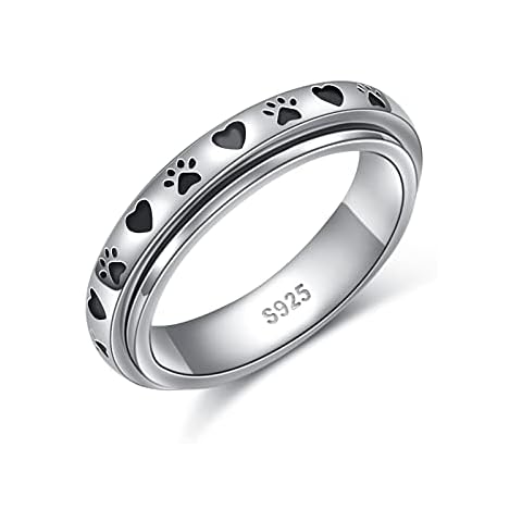 Spinner Fidget Ring S925 Sterling Silver Pet Paw Print Love Heart Anxiety Worry Band Fidget Stress Relieving Boredom ADHD Autism Rings for Women Men,L-1/2 Cover