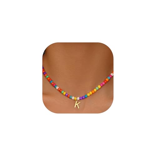 Eioi & Lmnm Colorful Initial Necklaces for Girls Women Kids - Teen Girls Gifts Trendy Beaded Initial Necklace Dainty Letter Gifts Choker Necklace for Girl Jewelry