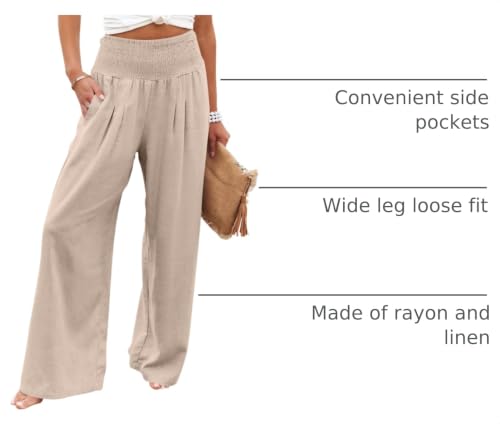 Image of ANRABESS Women Linen Palazzo Wide Leg Pants with Pockets | Smocked High Waist，Comfort Casual Flowy Pants，Lounge Everyday Wear，Summer Boho Cute，2026 Beach Travel Vacation Outfits
