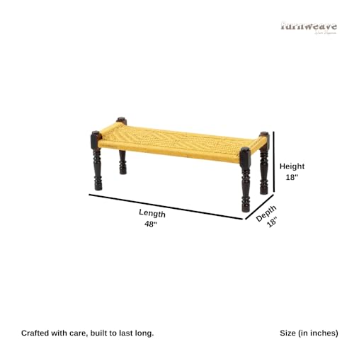 Image of Wooden Bench for Seating | Handcrafted Sheesham Wood Bench for Living Room, Balcony & Garden | Traditional Patio for Outdoor with Cotton Handwoven Rope | Yellow