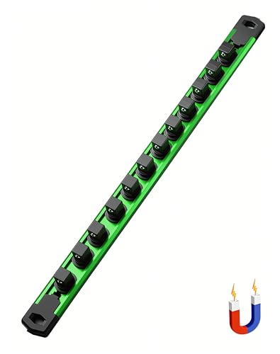 Image of ALOANES Magnetic Socket Organizer 1 /2-Inch Drive, Heavy Duty Aluminum Socket Rail Organizer, Socket Holder Kit for Tool Box x 12 Clips (Green)