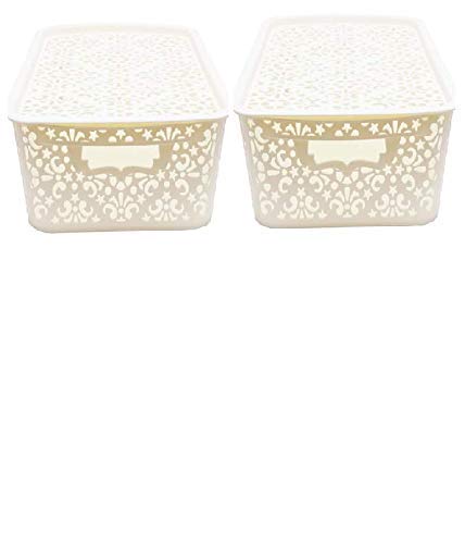 Image of Cutting Edge Essentials Plastic Storage Baskets /Shelf /Turkish Rack with Lid - Set of 2 for Fruit Vegetable Bathroom Stationary Home Basket with Handle (Cream, Medium)