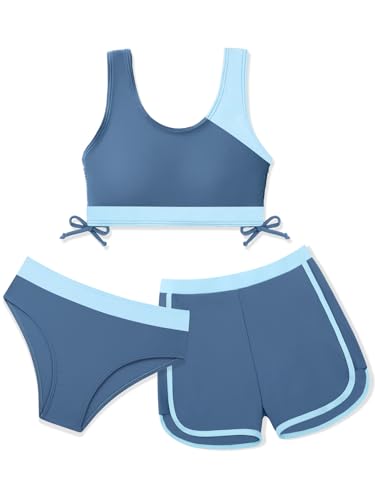 Image of Girl's 3 Piece Bikini Bathing Suit Printed Sport Swimsuits with Shorts Cove Up Sets Teen Girl's Swimwear