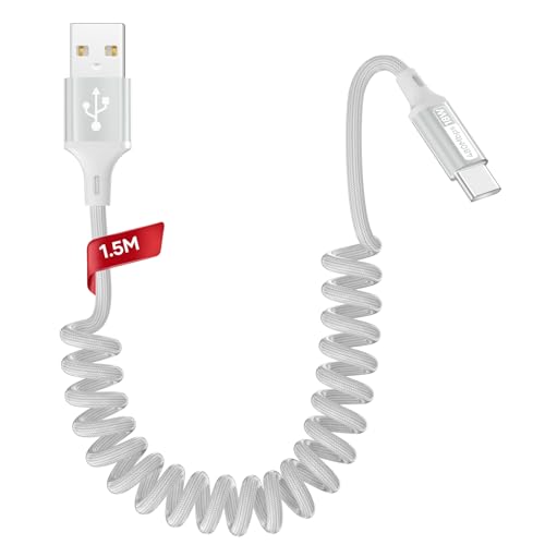 Zestiq Cable USB C Espiral, 【0.4M 0.9M】 Cable USB a USB C para Carplay, Cable USB Tipo C Android Auto Trenzado Compatible con iPhone 17 16 15, iPad, Samsung Galaxy, Google Pixel, Xiaomi Blanco