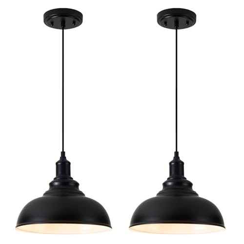 Image of 2 Pack Farmhouse Dome Pendant Lights for Kitchen Island Black | ETL Certificate, Easy to Install,Adjustable Height Cord,Vintage Industrial Dome Hanging Light Fixtures