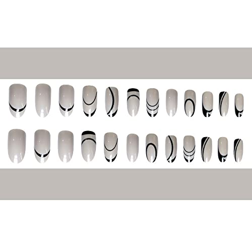 Misud Long Oval Press On Nails, Round Fake Nails, Glossy Glue On Nails, Gray Artificial Acrylic Nails, Black Abstract Swirl Stick On False Nails With Design 24 Pcs #TOP2
