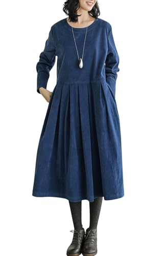 Damen Vintage Cord Langes Kleid für Herbst Langarm Plissee Pullover Midikleid mit Taschen Casual Vintage A-Linie Minirock (Blau,S)