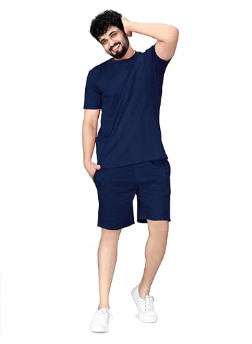 Image of ELLITI Cotton Blend Solid Casual Round Neck Half Sleeve Oversized Co-ord Set Men's, Pyjama Set, Sleepwear Loungewear T-Shirt and Shorts Combo for Men, Night Wear for Men, Night Suit for Men's