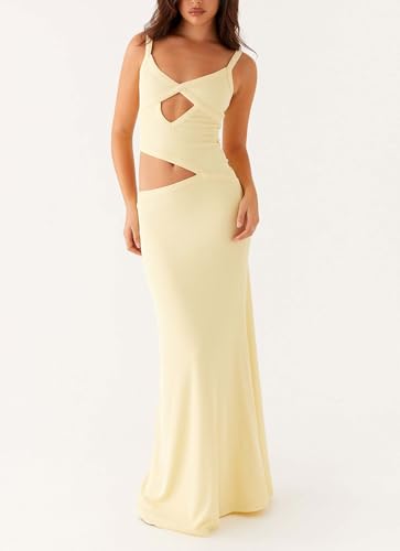Image of Yiulangde Womens Elegant Spaghetti Strap Maxi Dress Backless Cut Out Bodycon Summer Cami Dress Sexy Formal Cocktail Dresses