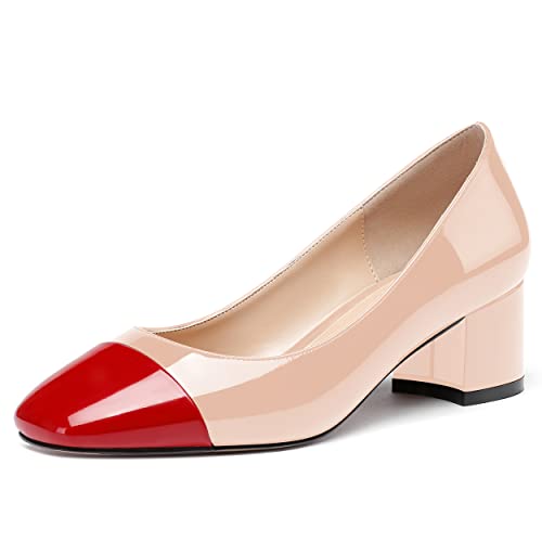 WAYDERNS Women's Patent Dating Square Toe Fashion Multicolor Patchwork Slip On Cap Toe Chunky Low Heel Pumps Shoes 2 Inch