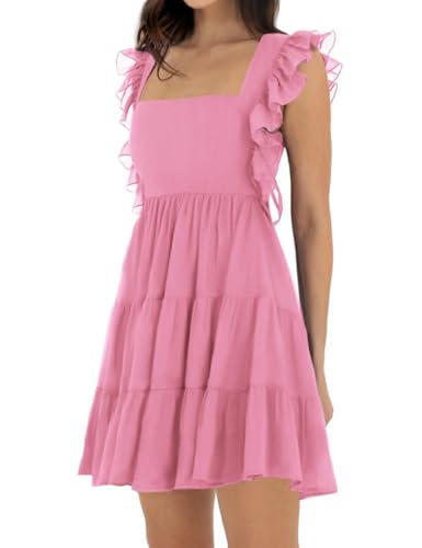 Image of Women's Summer Square Neck Tie Back Ruffle Sleeve Tiered Casual A-Line Short Mini Dress