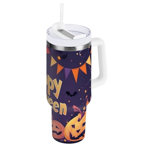 SKYSHU Vaso de calabaza de Halloween de 30 onzas con asa, botella de agua deportiva aislada al vacío de acero inoxidable, taza de café de viaje a prueba de fugas con tapa y popote para agua, té helado