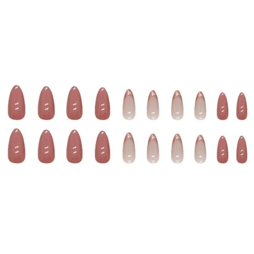 Image of Brick Red Press on Nails Medium Almond Fake Nails with Pink Glitter Design French Tip Glue on Nails Glossy Acrylic Full Cover Nude Stick on Nail Fall False Nail For Women Girls Manicure 24pcs