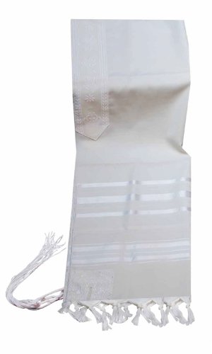 Traditional Wool Tallit in White and White Stripes, 24