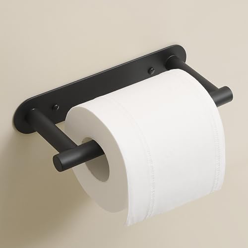 BESy Toilet Paper Holder for Bathroom RV Flexible Tissue Handle Adjustable Pivoting Toilet Paper Roll Holder Toilet Tissue Holder Self Adhesive or Wall Mount with Screws Stainless Steel Matte Black