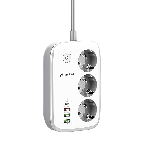 TELLUR SMART Enchufe Inteligente WiFi, Regleta Alexa, Enchufes Inteligentes WiFi Compatible con Alexa, Google, Tuya, SmartLife 3 x Tomas, 1 x PD30W, 1 x USB QC18W 2 x USB 2.4A, Cable de 2m, 2500W
