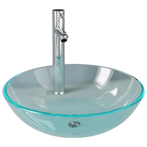 Lavabo redondo de cristal templado con grifo y desagüe desplegable, 42 cm de diámetro, incluye sifón, ideal para baño, inodoro de invitados, ahorro de espacio y fácil de montar