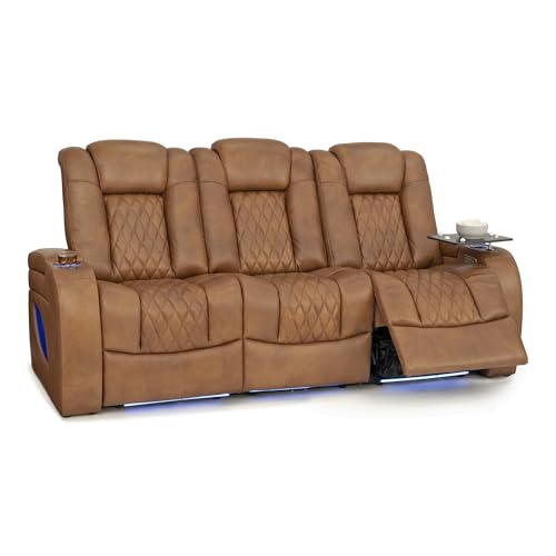 Image of Seatcraft Virtuoso LT Tawny Italian Leather Home Theater Seating, Zero Gravity Power Recliner, Powered Headrest and Lumbar Gaming and Home Office Chair, Heat and Massage Lounge Sofa, Row of 3 Sofa