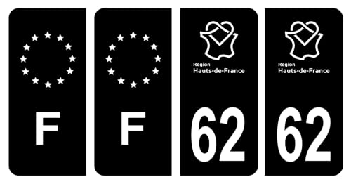 HADEXIA Lot 4 Autocollants Plaque immatriculation département 62 Pas-de-Calais Région Hauts-de-France Noir & F France Europe