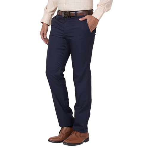 Image of Raymond Men's Stripe Pattern Slim Fit Poly Viscose Blend Flat Front Formal Trouser