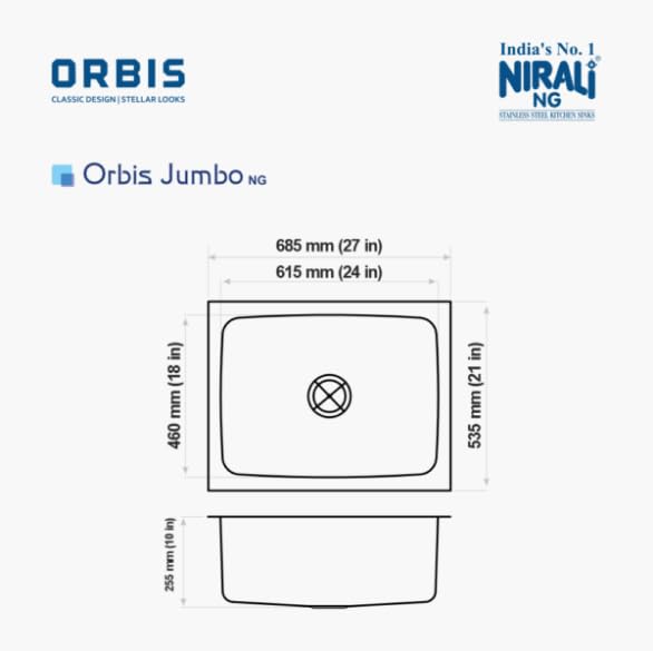Image of NIRALI Kitchen Sink 27x21x10 Inch 304 Stainless Steel | Single bowl Sink Round Coupling | Rust & Stain Resistant | Brushed Matt Finish | Minimizes Sound Orbis SInk (Matt, 27 inch x 21 inch x 10 inch)
