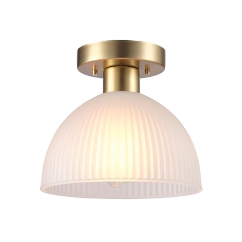 Globe Electric 1-Light Semi-Flush Mount Ceiling Light, Matte Brass Finish, Frosted Ribbed Glass Shade, Dimmable, E26 Base, Modern Glam Design, 66000129