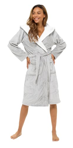 Insignia Ladies Dressing Gown Fluffy Super Soft Hooded (M, Light Grey) - 5