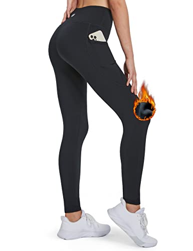 FitsT4 Women's Sports Fleece Leggings Warm Sports Trousers High Waist Yoga Leggings with Side Pockets, black, L