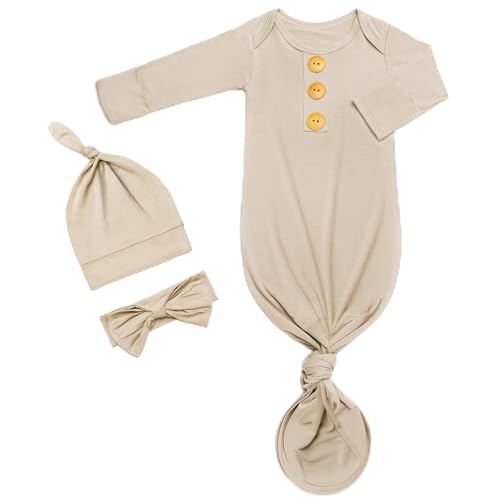 Soft Baby Knot Gown 0-3 Months, Newborn Announcement Sleepers With Mitten Cuffs and Personalized Wooden Name Tag (Khaki)