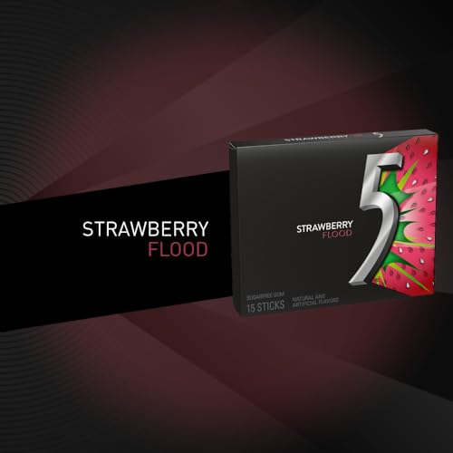 5 Gum Strawberry Flood Sugarfree Gum, 15 Stick Slim Pack (Pack of 10) by Five