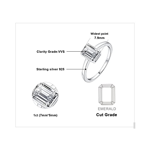JewelryPalace Classic 1ct Emerald Cut Moissanite Solitaire Engagement Rings for Women, 925 Sterling Silver Promise Ring for Her, Simulated Diamond Anniversary Wedding Rings D-F VVS2