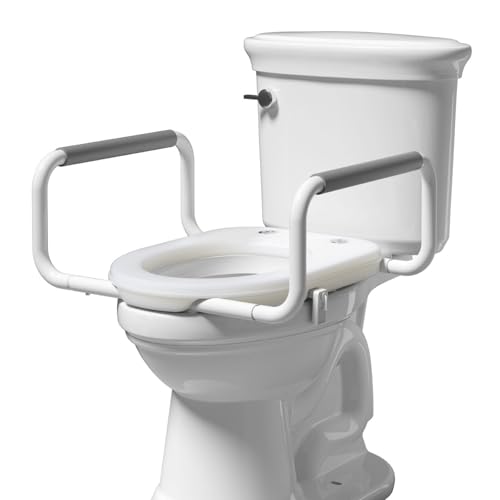 R&T 2 Toilet Seat Riser with Handles Comfortable Raised Toilet Seat for Seniors Fits for Elongated Toilets Elevated Seat with Soft Grey Padded Arms for Bathroom