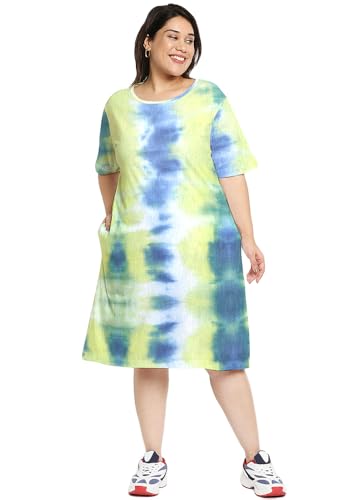 Wear Your Opinion Women's Plus Size Tie-Dye Printed Midi Knee Length Tshirt Dress (Yellow Neon, 2XL)