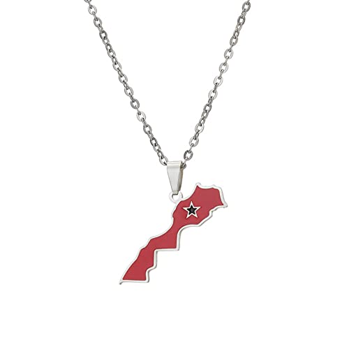 YUANYIRAN Marokko Karte Anhänger Halskette - Geometrischer Tropf Luxus Unisex Paar Ethnischer Stil Schlüsselbeinkette Patriotische Flagge Hip Hop Charm Schmuck Für Modegeschenk,Silber,50Cm/19.6 In Cover