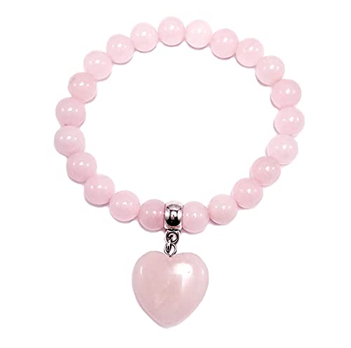 Pink Heart Charm Natural Stones Bracelet Rose Quartz Birthstone Women Bracelet Yoga Chakra Bracelet Anti-Stress Anti-Anxiety Gemstones Jewerly (Rose-Quartz) #TOP1