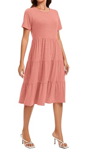 Image of Womens Summer Short Sleeve Crew Neck Midi Dress 2026 Casual Fit Flowy Tiered Beach Vacation Sundress with Pockets