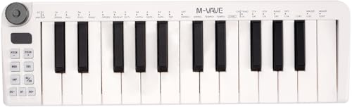 M VAVE Teclado MIDI de 25 teclas, Mini teclado, creador de ritmos profesional y teclado para producción de música, batería integrada, conexión inalámbrica, color blanco, mini sin