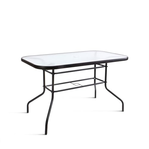 THE SECRET HOME - Mesa Rectangular de Metal con Base de Cristal Texturizado - Alto. 70 cm x Ancho. 120 cm - Color Negro - Mesa para Exteriores - Ideal para Jardín, Terraza, Patio o Balcón