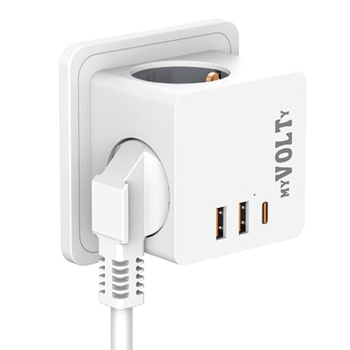 MYVOLTY 6-in-1 Steckdosenwürfel, Weiß, Kompakte Mehrfachsteckdose mit USB-C und USB-A, 3680W, Kunststoff-Metall-Gehäuse, 66x66x87mm, Für Büro und Reise